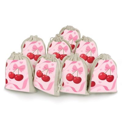 8-Pack Cotton Linen Drawstring Bags 6.7 X 4.9 Inches Natural Small Storage Bag, Reusable Cherry Pink Bow With Red Lips Gift Pouch for Storage, Travel, Jewelry & Organizing