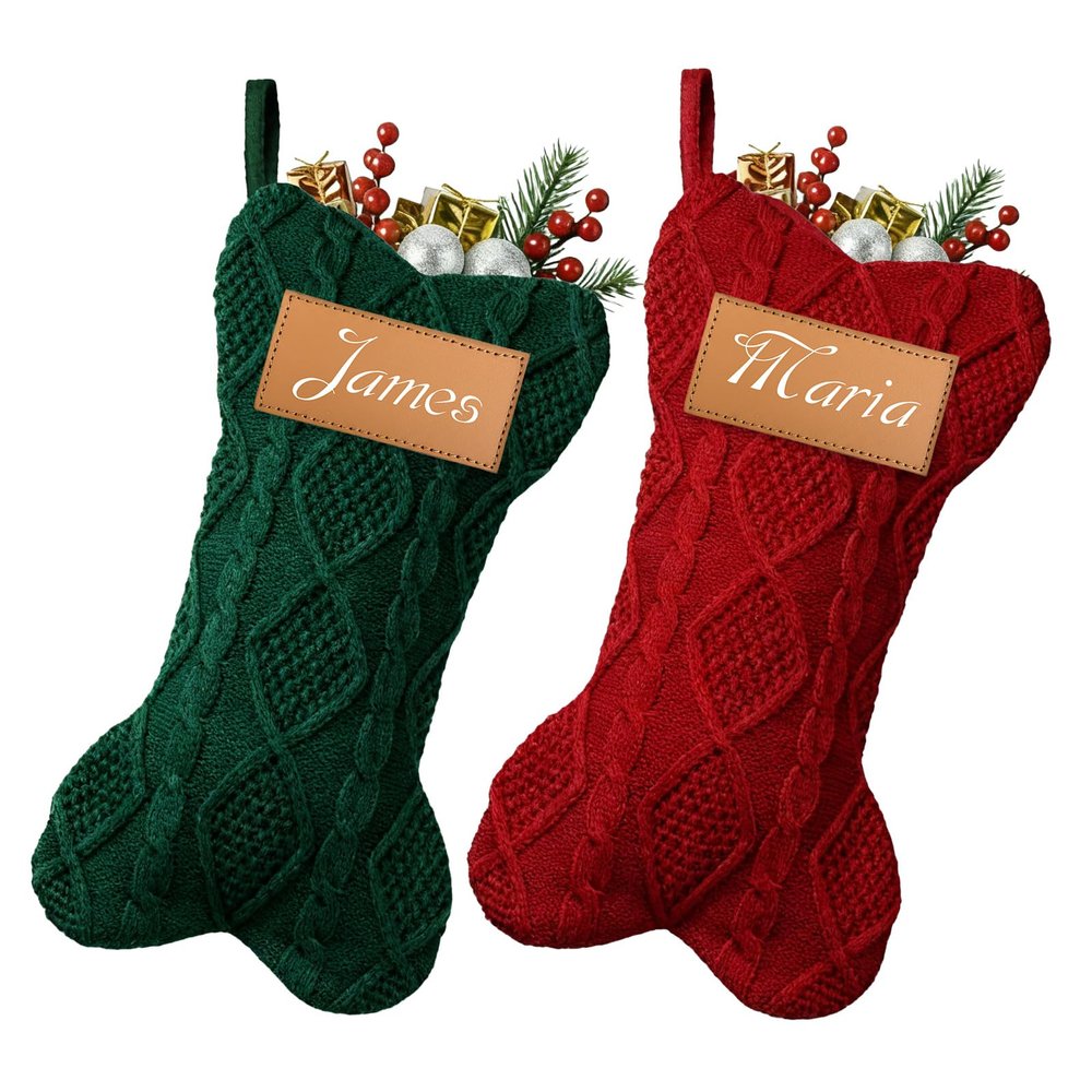Bemaystar Personalized Dog Christmas Stocking, Custom Dog Bone Stocking Large 16.5 Inch with UV Print,Knit Christmas Stockings with Names, Xmas Dog for Family Kids-Set of 2