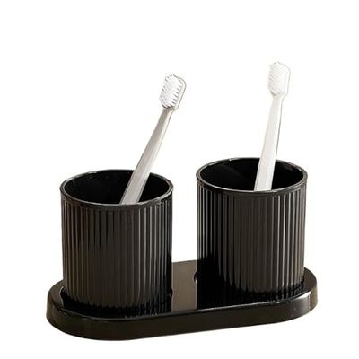 2pcs Black Mouthwash Cup Set with Tray - Stylish Solid Color Gargle Cups for Couples & Family Bathroom Accessories - Durable & Easy to Clean