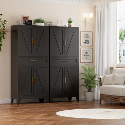 XIOMIOHTRQ Metal Storage Cabinet with Drawer, 71" Tall Storage Cabinets with Adjustable Shelves,Black Farmhouse Freestanding Kitchen Pantry Cabinet for Dining Room, Living Room