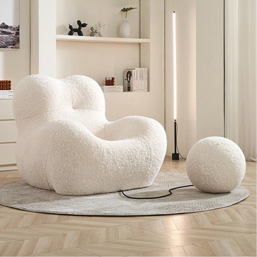 WENMEE Lounge Chair, with Ball Footrest Comfy Wool Curly Fabric for Living Room, Bedroom, Dormitory(White)