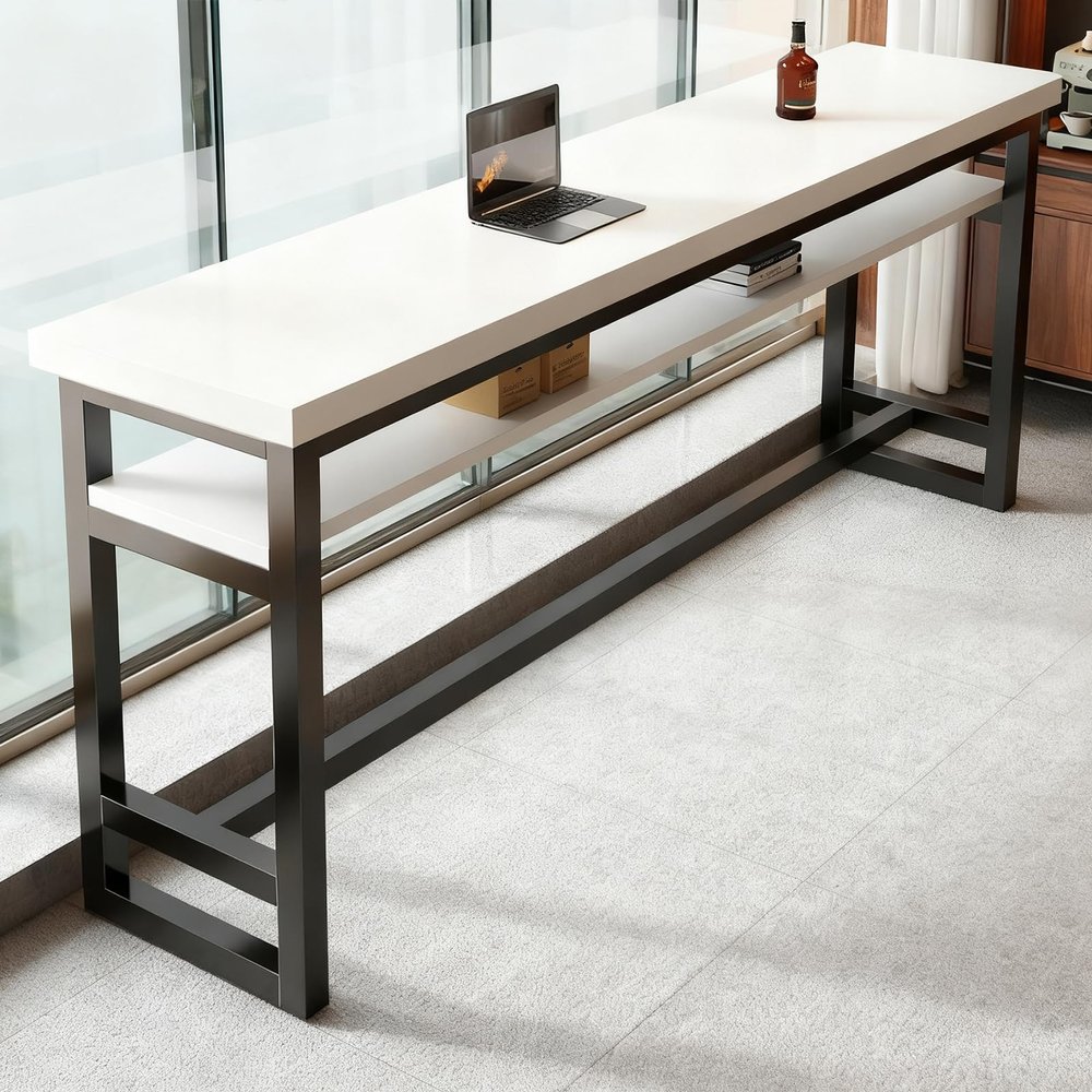 Quvex 2-Tier Narrow Bar Table with Solid Wood Top, Farmhouse Long Bar Table, Industrial Rectangle Counter Height Pub Tables, for Office, Kitchen, Coffee Shop, Small Space -Tables Only