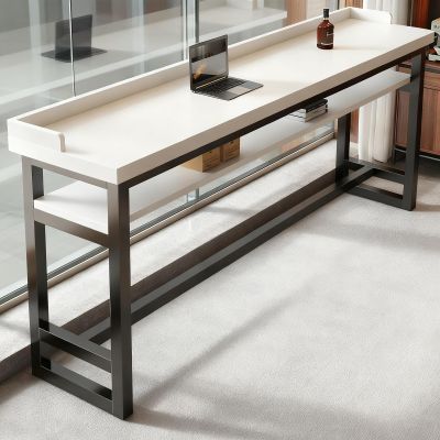 Quvex 2-Tier Narrow Bar Table with Raised Edge & Bottom Shelf, Farmhouse Long Bar Table, Rectangle Counter Height Pub Tables, for Home Office, Coffee Shop, Small Space -Tables Only