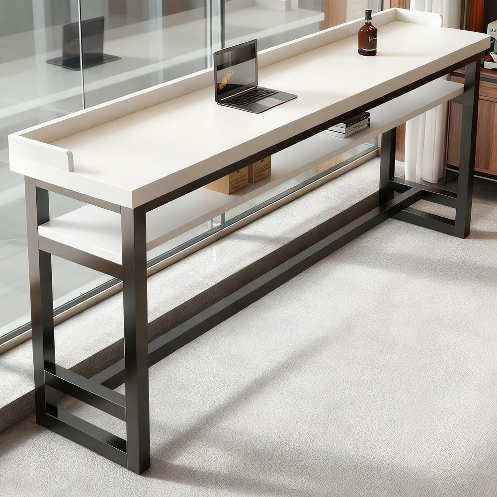 Quvex 2-Tier Narrow Bar Table with Raised Edge & Bottom Shelf, Farmhouse Long Bar Table, Rectangle Counter Height Pub Tables, for Home Office, Coffee Shop, Small Space -Tables Only
