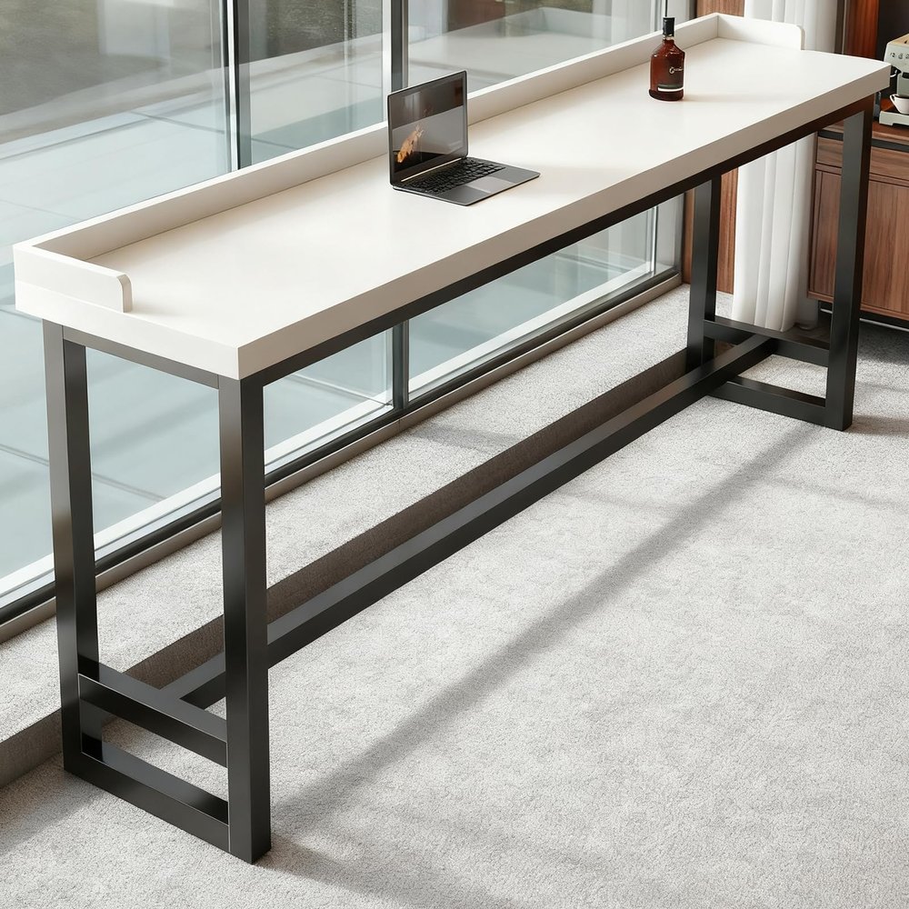 Quvex Narrow Bar Table with Raised Edge & Solid Wood Top, Farmhouse Long Bar Table, Industrial Rectangle Counter Height Pub Tables, for Home Office, Coffee Shop, Small Space -Tables Only