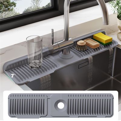 24 Inch Silicone Faucet Mat for Kitchen Sink Splash Guard - 7 Slope Water Draining Mat With Fasten Button for Bathroom Area (Dark Grey, 24''x5.5'')