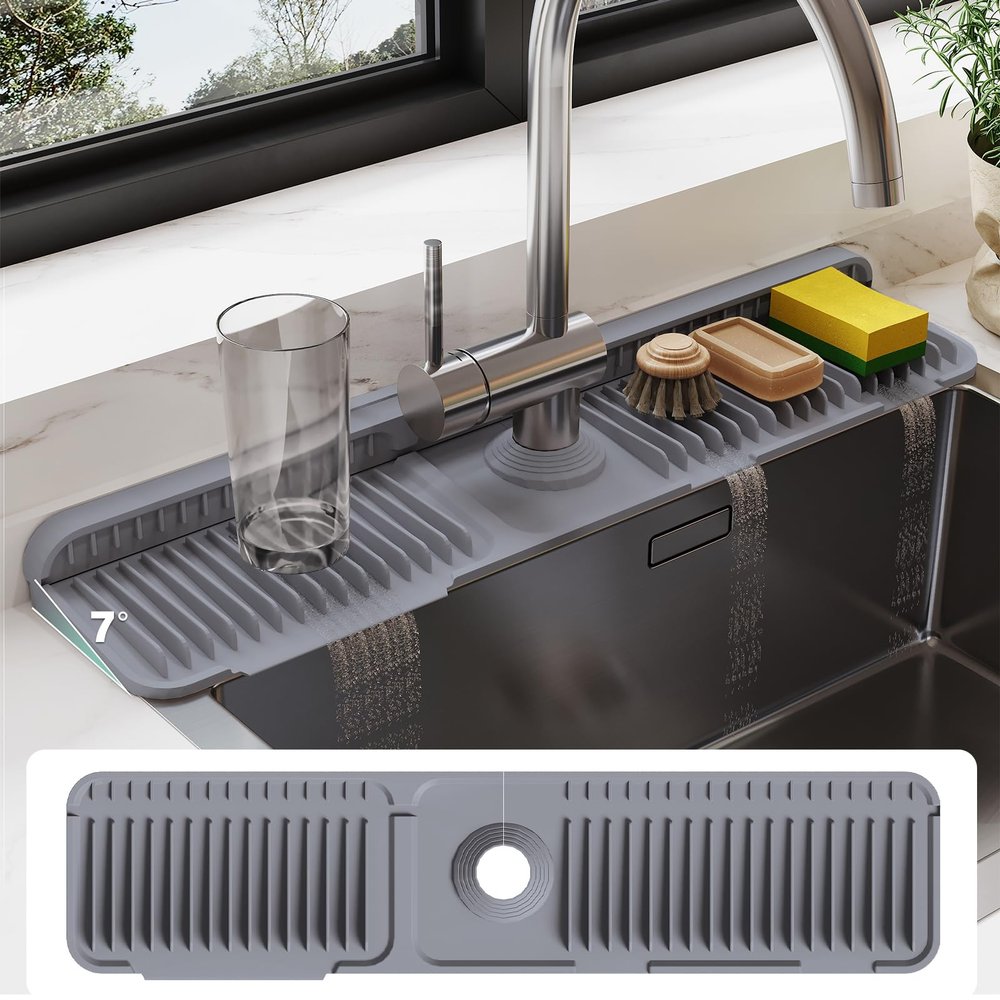 24 Inch Silicone Faucet Mat for Kitchen Sink Splash Guard - 7 Slope Water Draining Mat With Fasten Button for Bathroom Area (Dark Grey, 24''x5.5'')