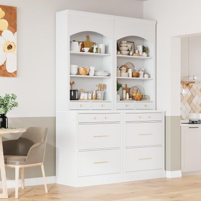 VRAXO Modern 83.7inch High Kitchen Pantry, Freestanding Tall Kitchen Hutch with Faux Marble Top,Cupboard Cabinet with 5 Storage Drawers and Adjustable Shelf, Set of 2, White