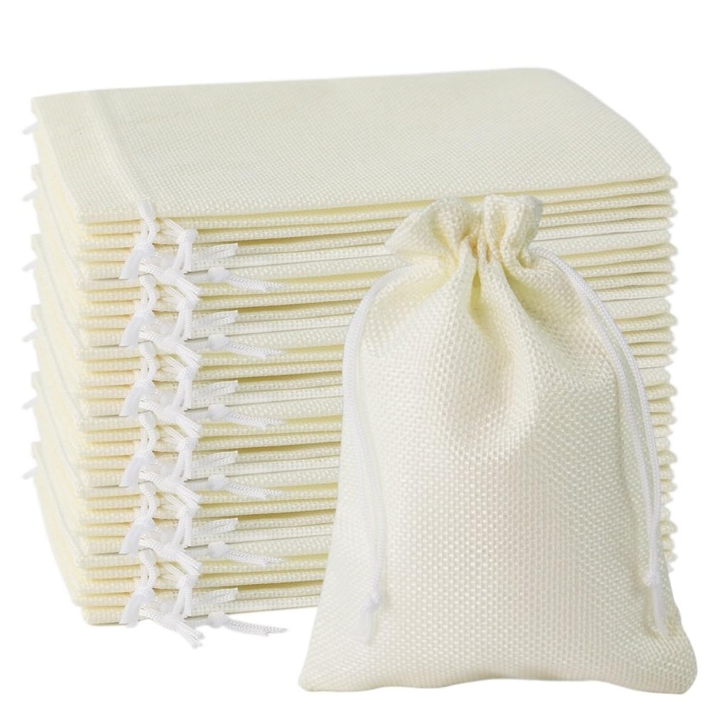Milky White Drawstring Burlap Bag - Jute DIY Wedding Bag (10x15cm-3.9x5.9in)