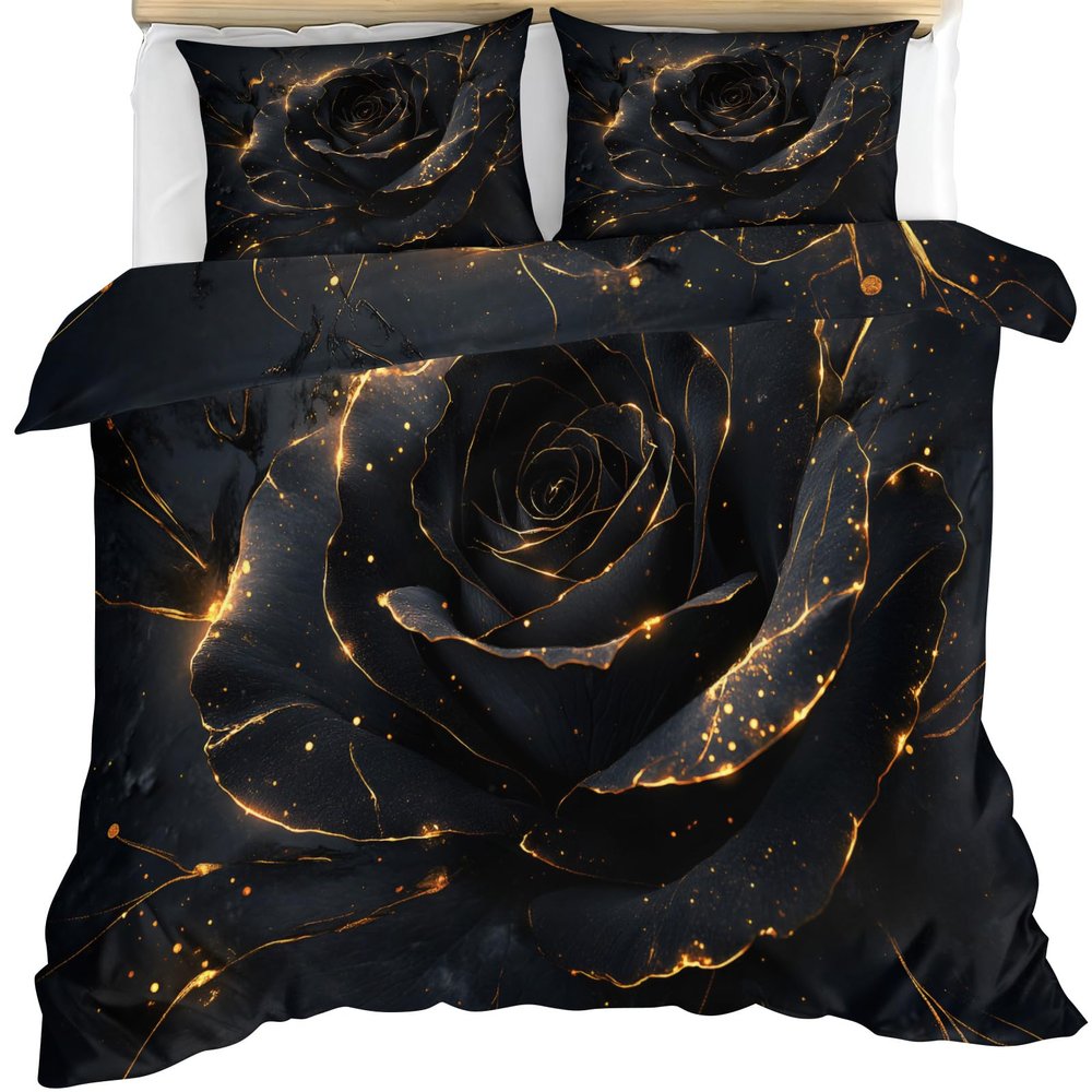 GKPLY Rose Comforter Cover, Gold Rose Duvet Cover Set, Black Flower Bedding & Home Decor, Zipper & Ties, Reversible Print Comforter Set & 2 Pillow Cases, California King