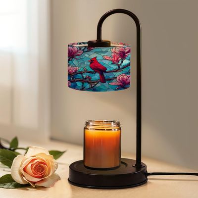 Candle Warmer Lamp with Timer and Dimmer, Symmetrical Stained Glass Art Cardinal Branch Vibrant Flowers Wax Melt Warmer with 4 Bulbs, House Warming Birthday Gifts for Women Mom New Home Decor