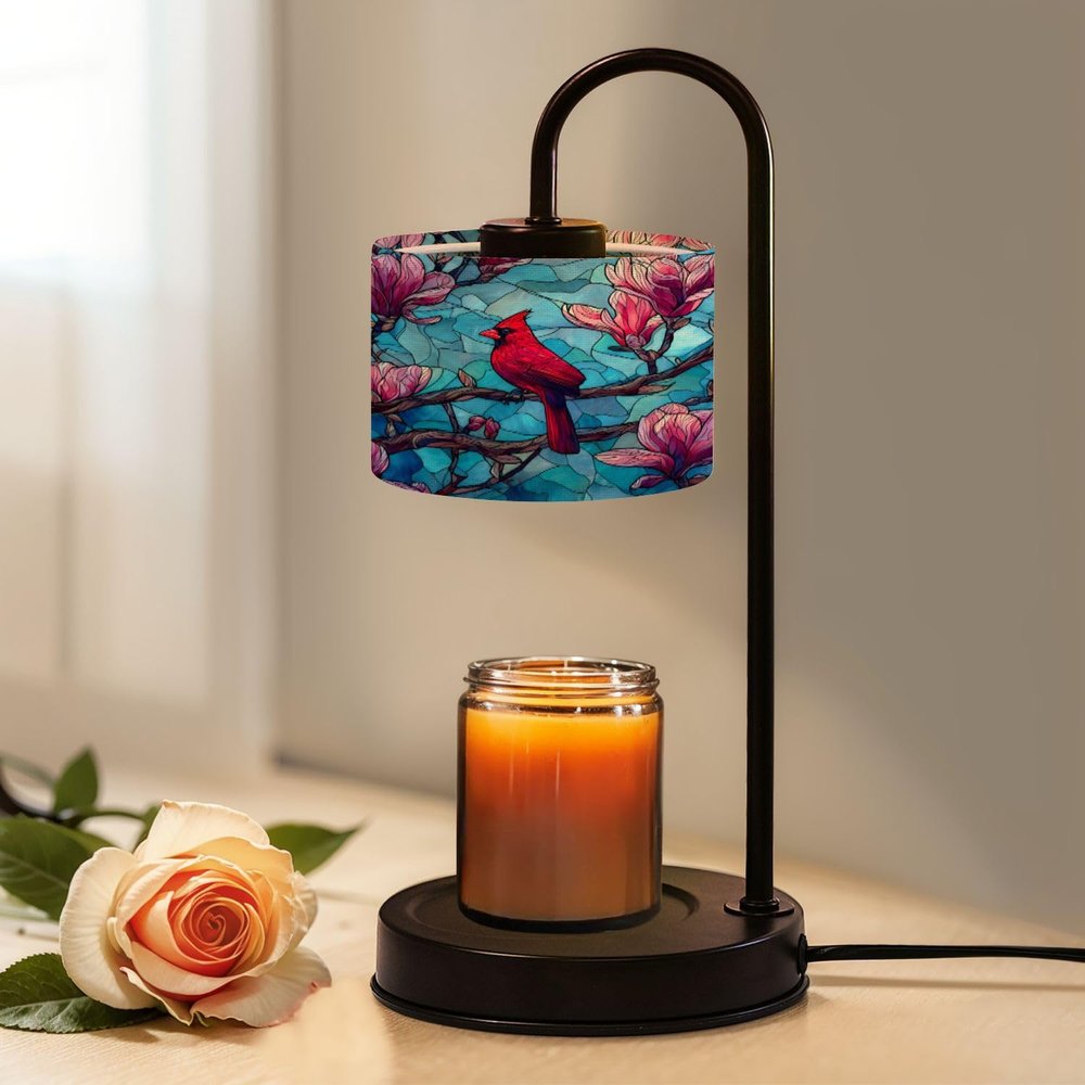 Candle Warmer Lamp with Timer and Dimmer, Symmetrical Stained Glass Art Cardinal Branch Vibrant Flowers Wax Melt Warmer with 4 Bulbs, House Warming Birthday Gifts for Women Mom New Home Decor