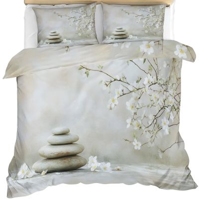 GKPLY Zen Comforter Set, Stone Floral Duvet Cover King, Meditation Spa Bedding with 2 Pillowcases, Duvet Cover with Zipper, 3 Pieces, Reversible Bedding Set