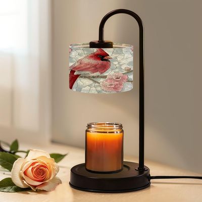 Candle Warmer Lamp with Timer and Dimmer, Vivid Red Cardinal Surrounded by Pink Blooms Soft Stained Glass Wax Melt Warmer with 4 Bulbs, House Warming Birthday Gifts for Women Mom New Home Decor