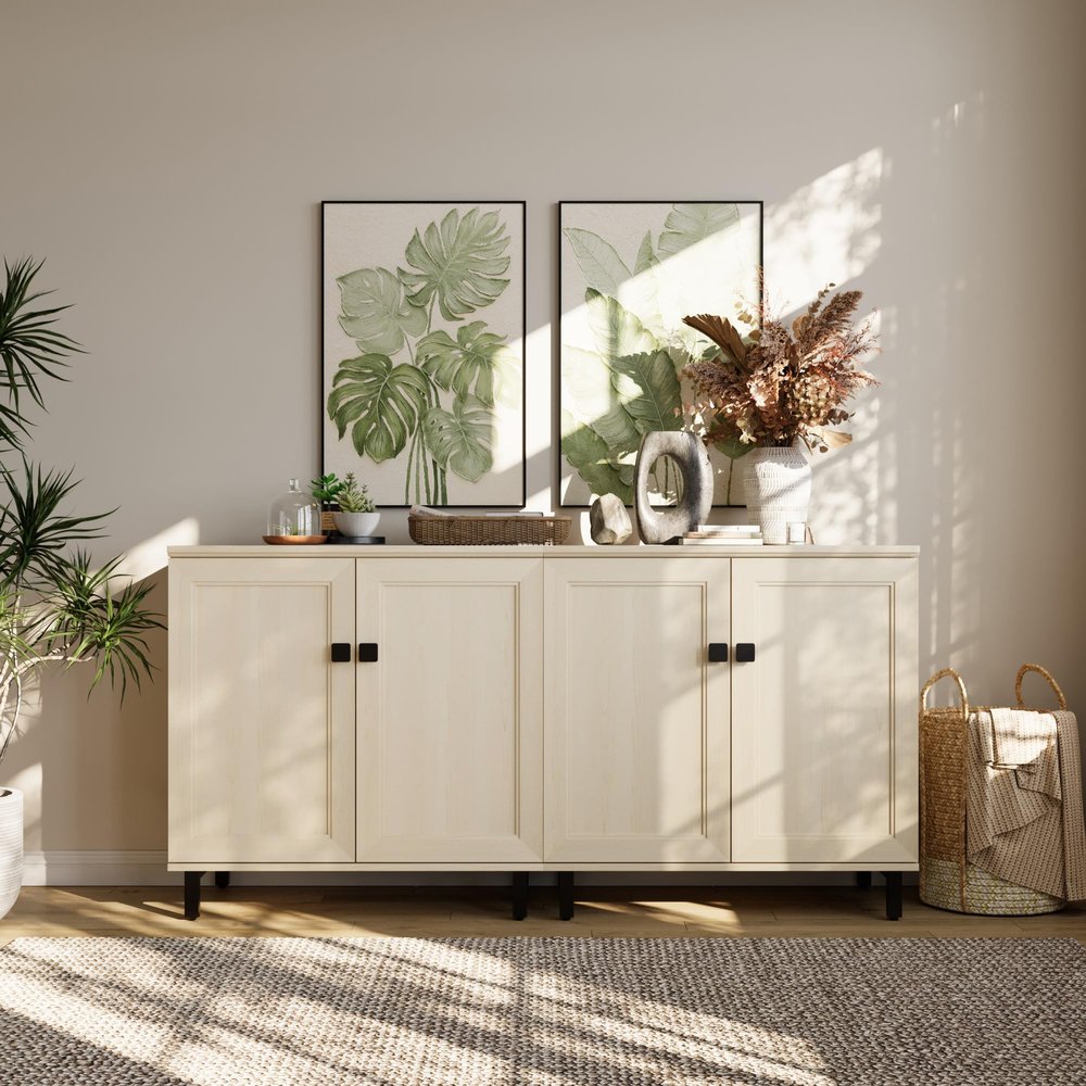 FENLINJOY Set of 2 Storage Cabinet with Doors, Modern White Accent Cabinet, Free Standing Cabinet, Wooden Buffet Sideboards for Kitchen,Home OfficeBeige