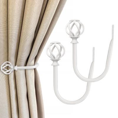 2 Pack Curtain Holdbacks, USFOOK Decorative Window Drapery Tiebacks (2 Pack/1 Pair), Curtain Tie Back Hooks for Wall with White Twisted Cage Finials (3.45" L x 5.35" W)