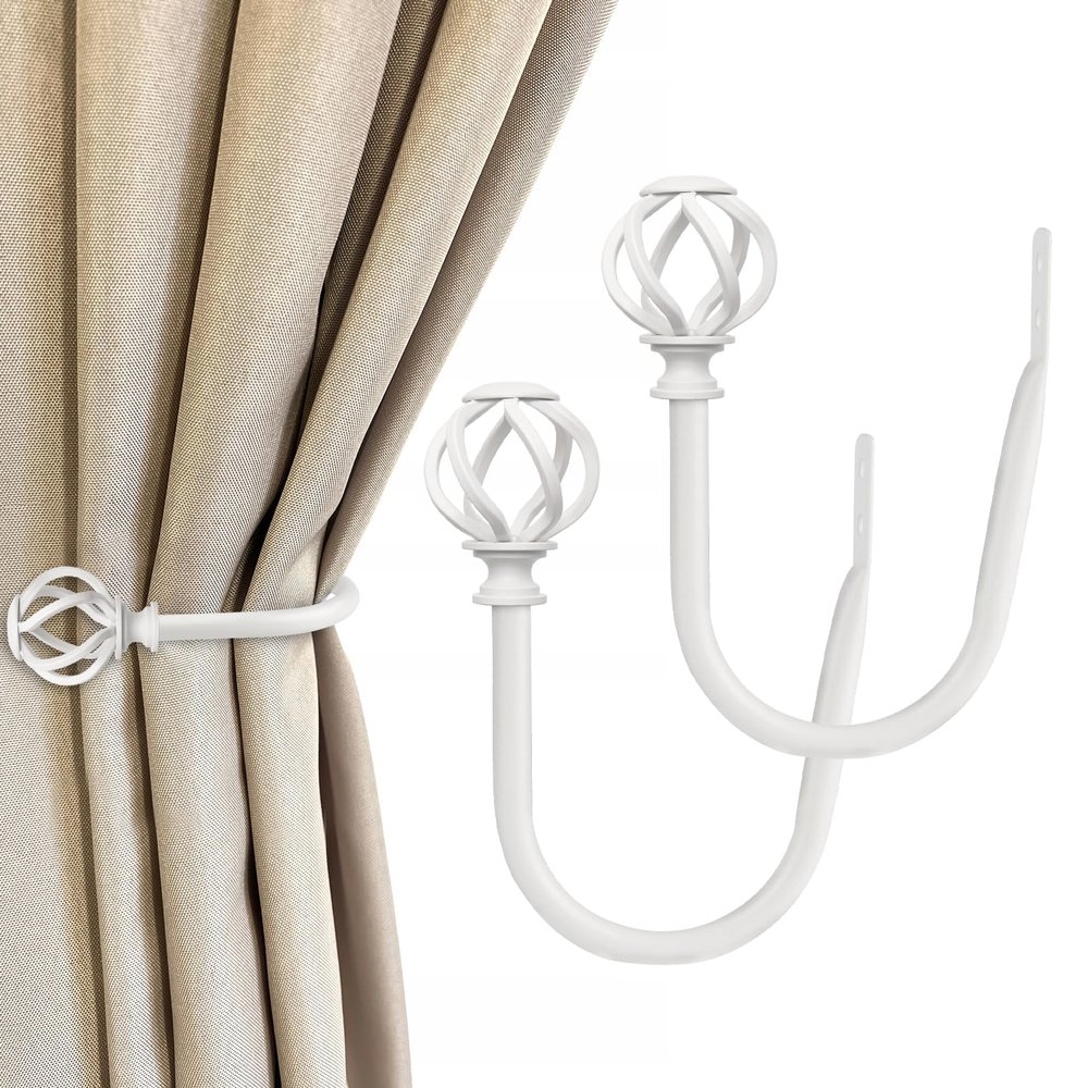 2 Pack Curtain Holdbacks, USFOOK Decorative Window Drapery Tiebacks (2 Pack/1 Pair), Curtain Tie Back Hooks for Wall with White Twisted Cage Finials (3.45" L x 5.35" W)