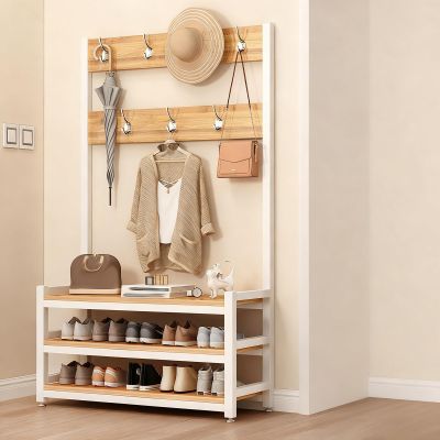 DYUNCZ Shoe Rack with Coat Rack, Hall Tree with Bench and Shoe Storage, Entryway Hall Tree with Shoe Bench & Double-row Hooks, Industrial Entryway Furniture(Yellow,100x30x170cm)