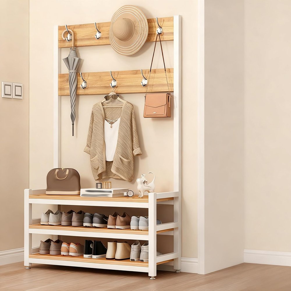 DYUNCZ Shoe Rack with Coat Rack, Hall Tree with Bench and Shoe Storage, Entryway Hall Tree with Shoe Bench & Double-row Hooks, Industrial Entryway Furniture(Yellow,100x30x170cm)