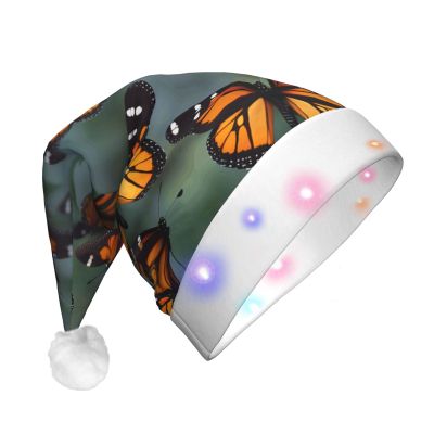 FKGKDF Monarch Butterflies Print Led Christmas Hat Decorations, Unisex Xmas Hat For Holiday Parties Supplies