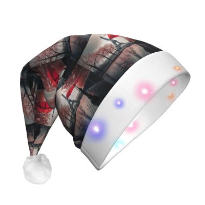 ABYchdd Eiffel Tower With Red Umbrella Print Adult Glowing Led Christmas Hat, Polyester 3-Mode Light Led Hat For Holiday Gatherings