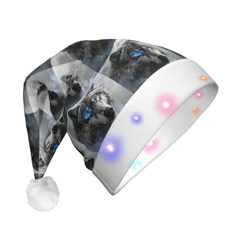 ABYchdd Blue Eyes Wolf Print Adult Glowing Led Christmas Hat, Polyester 3-Mode Light Led Hat For Holiday Gatherings