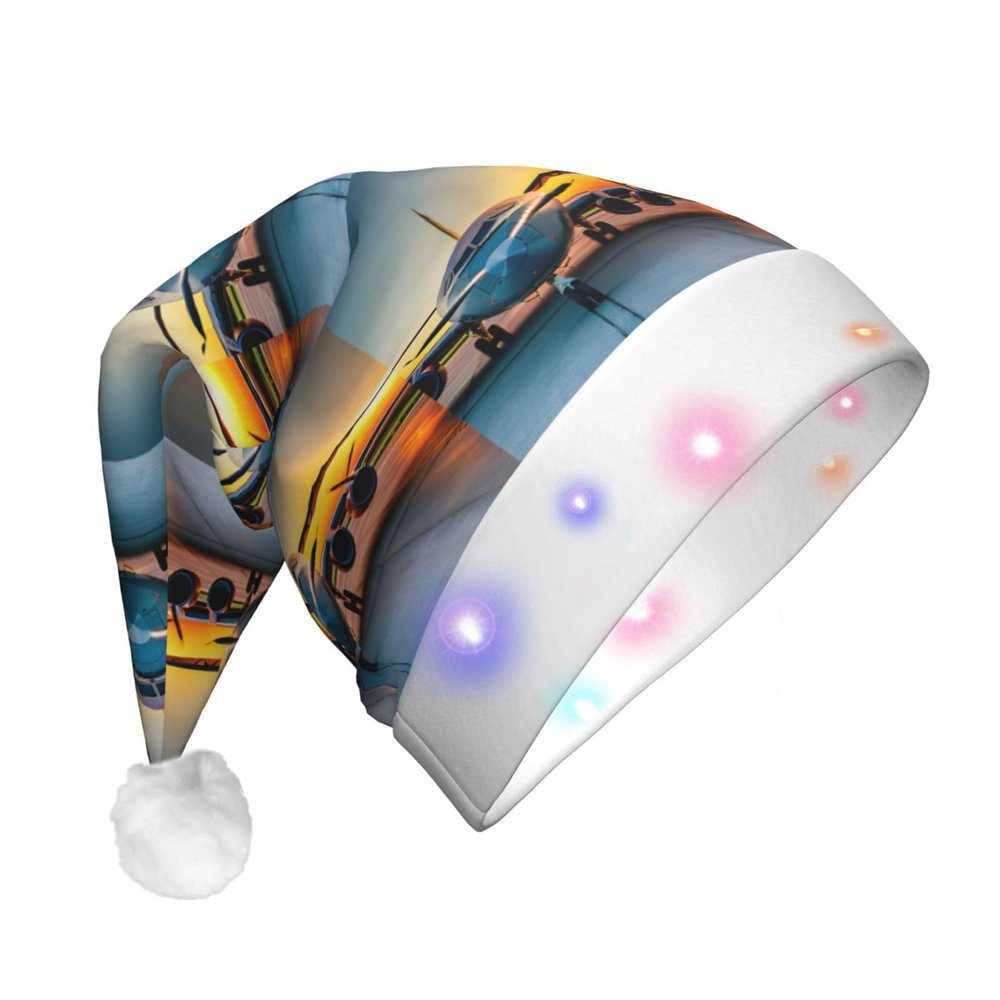 ABYchdd Aircraft Plane At Sunsets Print Adult Glowing Led Christmas Hat, Polyester 3-Mode Light Led Hat For Holiday Gatherings