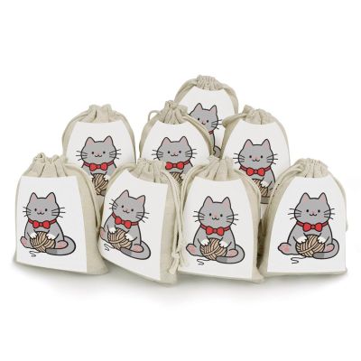 FodPand 8-Pack Cotton Linen Drawstring Bags 6.7 X 4.9 Inches Natural Small Storage Bag, Reusable Gray Cartoon Cat Gift Pouch for Storage, Travel, Jewelry & Organizing