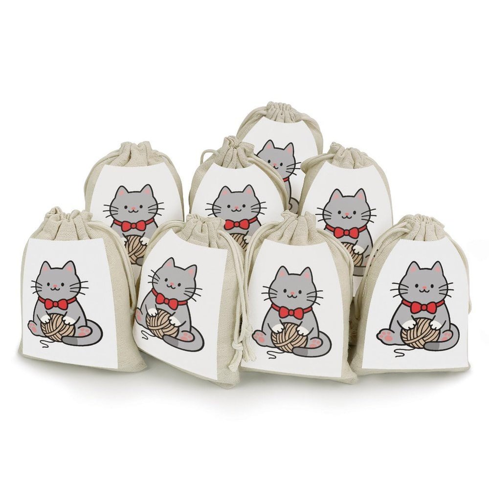 FodPand 8-Pack Cotton Linen Drawstring Bags 6.7 X 4.9 Inches Natural Small Storage Bag, Reusable Gray Cartoon Cat Gift Pouch for Storage, Travel, Jewelry & Organizing