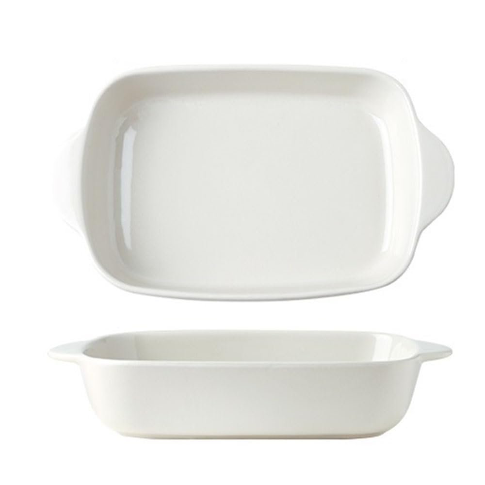 Roast Rectangular Ceramic Double-Handled Baking Pan Household Use Oven Microwave Steak Baked Rice Pasta(White,Medium)