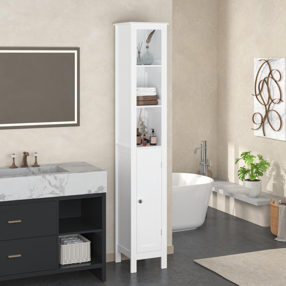ARCOSUCU 66.92" Tall Bathroom Storage Cabinet with Adjustable Shelves,Slim 1 Doors Freestanding Cabinet with Anti-Tip, Open compartments, for Home, Small Spaces, Bathroom,Kitchen, Living Room (White)