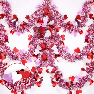 50 Ft Valentines Heart Tinsel Garland Decorations, Valentines Day Red Pink White Metallic Garland Valentine's Day Decorations for Home Indoor Outdoor Wedding Hanging Valentines Day Decor
