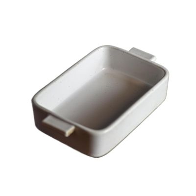 Roast Simple Rectangular Plate Vintage Rough Ceramic Double Ear Baking Kiln Glaze Oven Microwave Pasta(White)