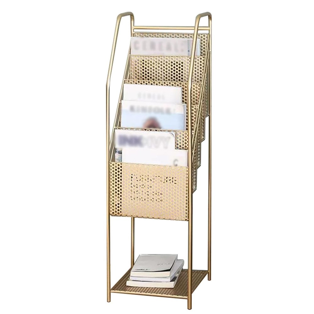 Floor Office Home Magazine Rack, Magazine Holder Large Metal, Newspaper Vinyl Records Comicbooks Picture Book Large Capacity Storage Organizer(Gold)