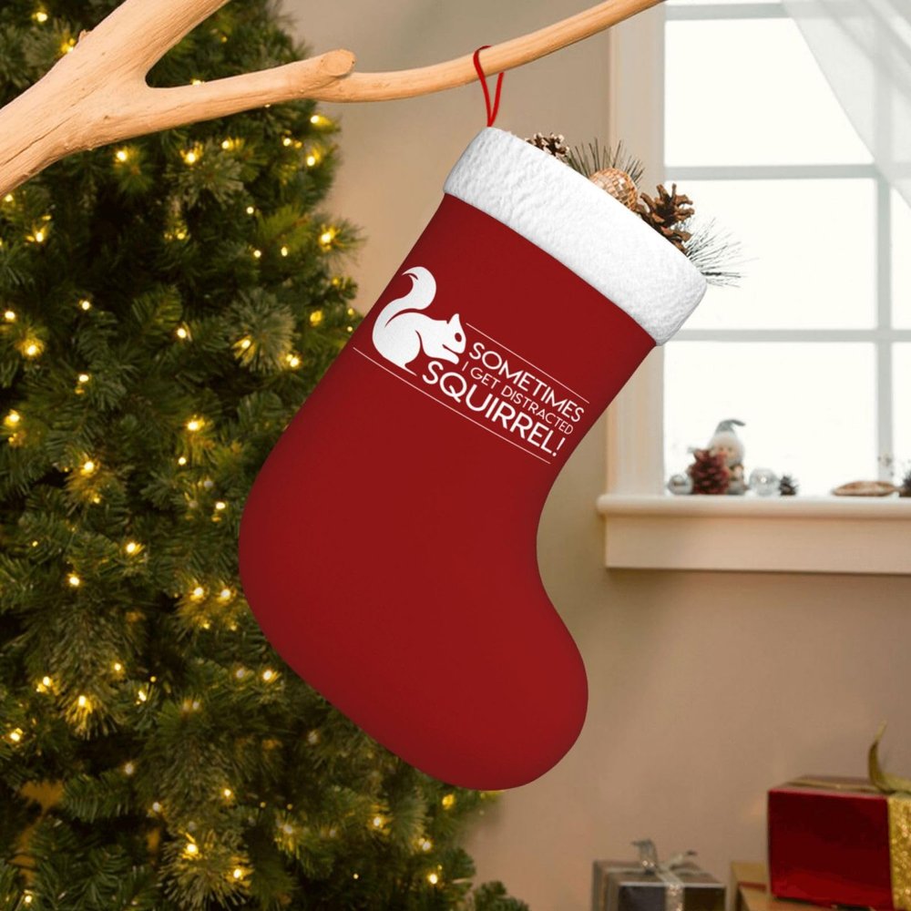 BYOBLU Sometimes I Get Distracted Squirrel Christmas Stockings, Xmas Stockings, 18" Large Xmas Stocking, Christmas Party Fireplace Family Hanging Stocking Decorations(Red and White)