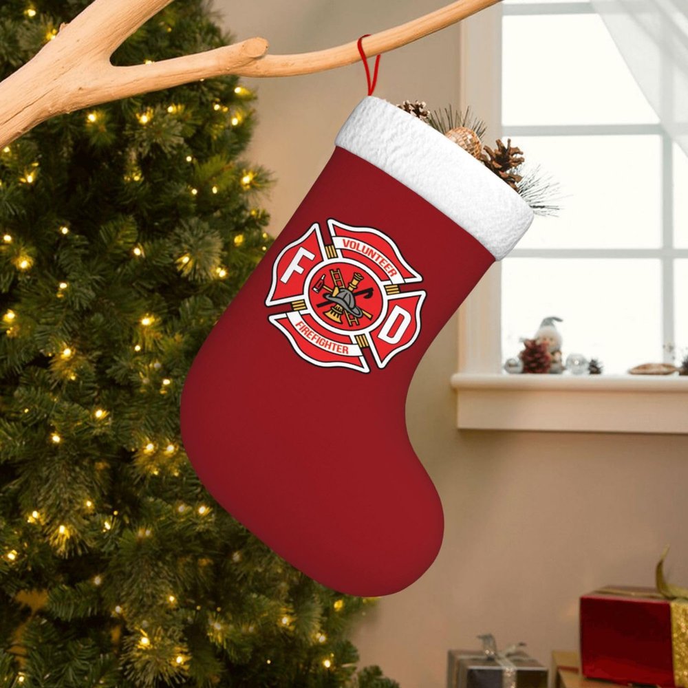 AHUNARLOP Volunteer Firefighter Christmas Stockings, Xmas Stockings, 18" Large Xmas Stocking, Christmas Party Fireplace Family Hanging Stocking Decorations(Red and White)