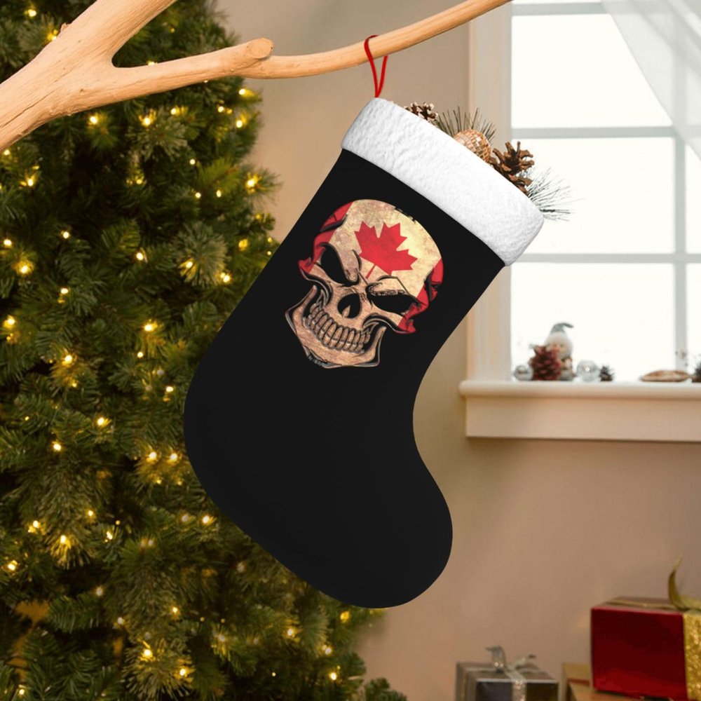 BYOBLU Canadian Flag Skull Christmas Stockings, Xmas Stockings, 18" Large Xmas Stocking, Christmas Party Fireplace Family Hanging Stocking Decorations(White and Black)