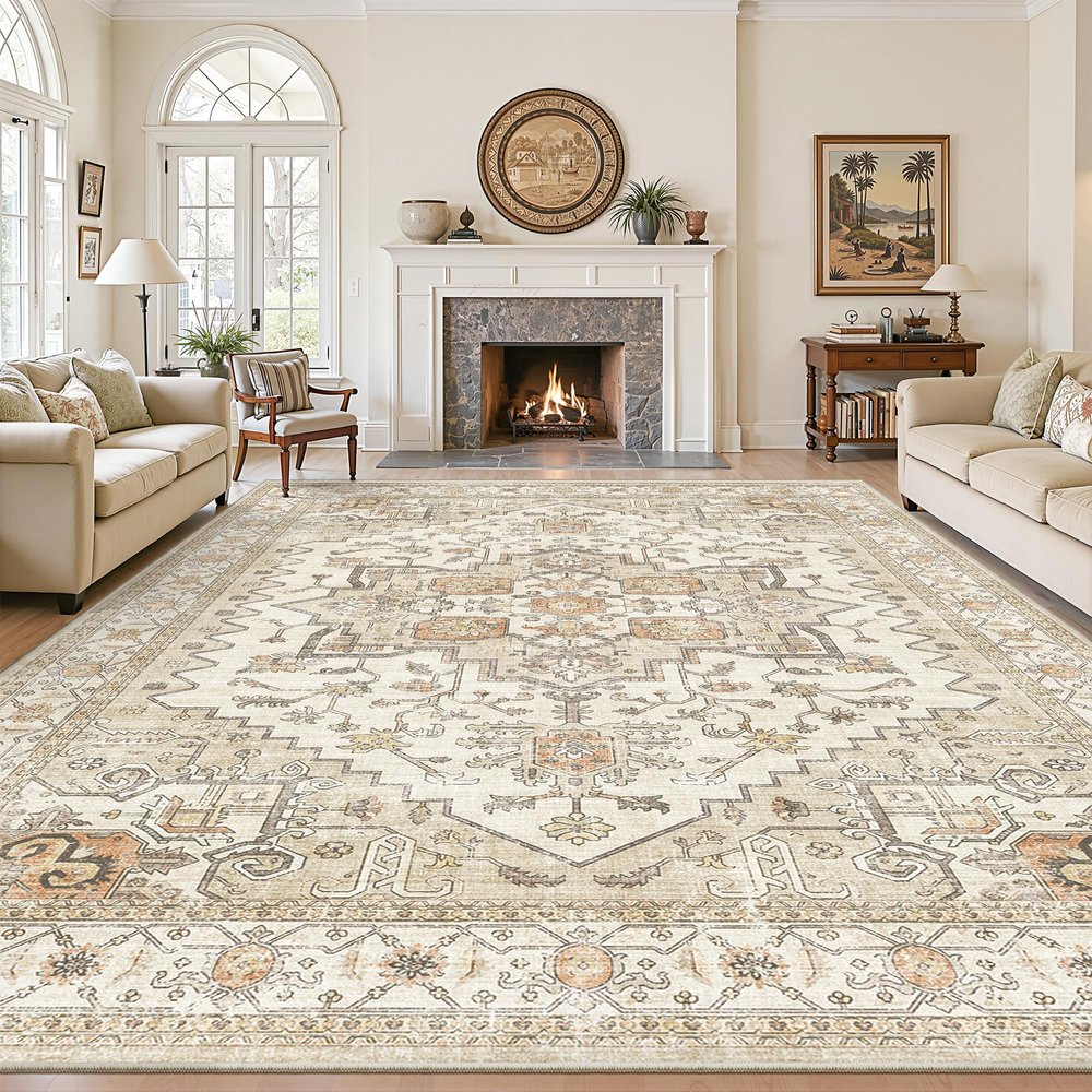 Washable Rugs 10x14 Rug for Living Room, Vintage Large Indoor Carpet Gold