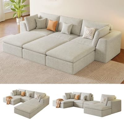 109" Modular Sectional Sofa with Deep Seat, Oversized Cloud Couch for Living Room with 3 Ottomans, Boneless Memory Foam Teddy Fleece Sofa, No Tools Assembly Required (Beige,3 Ottomans)