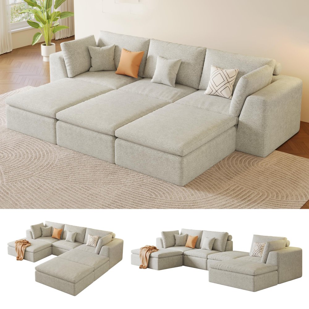109" Modular Sectional Sofa with Deep Seat, Oversized Cloud Couch for Living Room with 3 Ottomans, Boneless Memory Foam Teddy Fleece Sofa, No Tools Assembly Required (Beige,3 Ottomans)