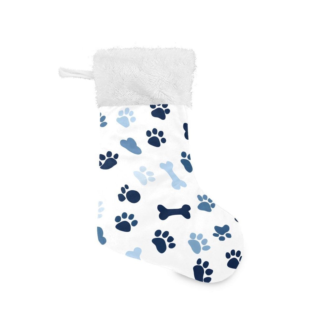 Christmas Stockings, 18 inches Burlap with Plush Faux Fur Cuff Stockings Blue Puppy Bones Puppy Footprints Xmas Party Decorations