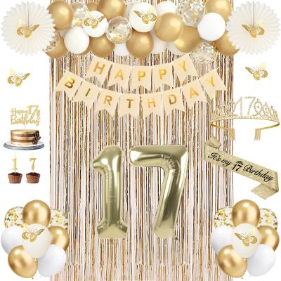 50Pcs 17th Birthday Decorations for Girls, Champagne Gold Happy 17 Year Old Gifts for Girls, 17 Sash and Crown, Banner, Fringe Curtains, Hanging Paper Fans, 17th Birthday Party Decorations