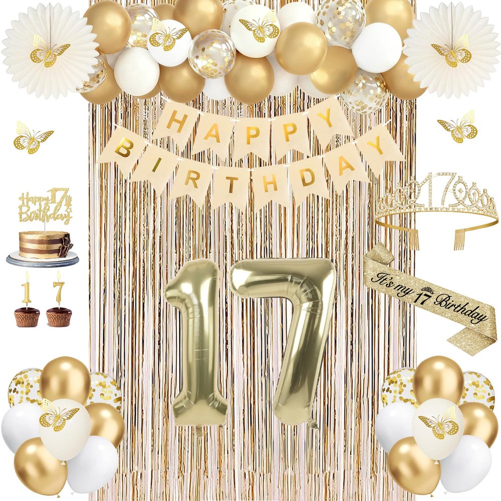50Pcs 17th Birthday Decorations for Girls, Champagne Gold Happy 17 Year Old Gifts for Girls, 17 Sash and Crown, Banner, Fringe Curtains, Hanging Paper Fans, 17th Birthday Party Decorations