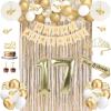 50Pcs 17th Birthday Decorations for Girls, Champagne Gold Happy 17 Year Old Gifts for Girls, 17 Sash and Crown, Banner, Fringe Curtains, Hanging Paper Fans, 17th Birthday Party Decorations view 1