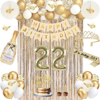 51Pcs 22nd Birthday Decorations, Champagne Gold Happy 22 Birthday Decorations with Sash and Crown, Banner, Fringe Curtains, Hanging Paper Fans, 22 Year Old Gifts