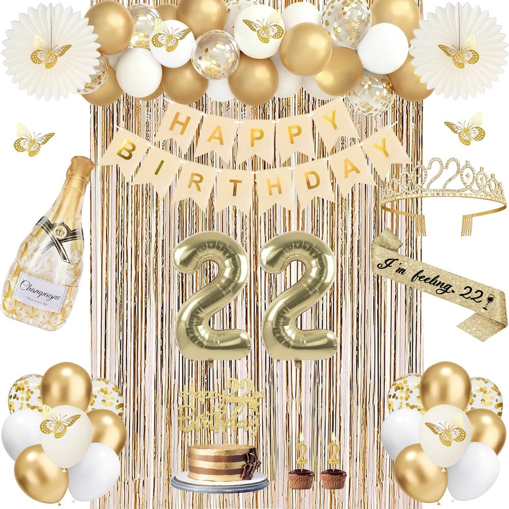 51Pcs 22nd Birthday Decorations, Champagne Gold Happy 22 Birthday Decorations with Sash and Crown, Banner, Fringe Curtains, Hanging Paper Fans, 22 Year Old Gifts