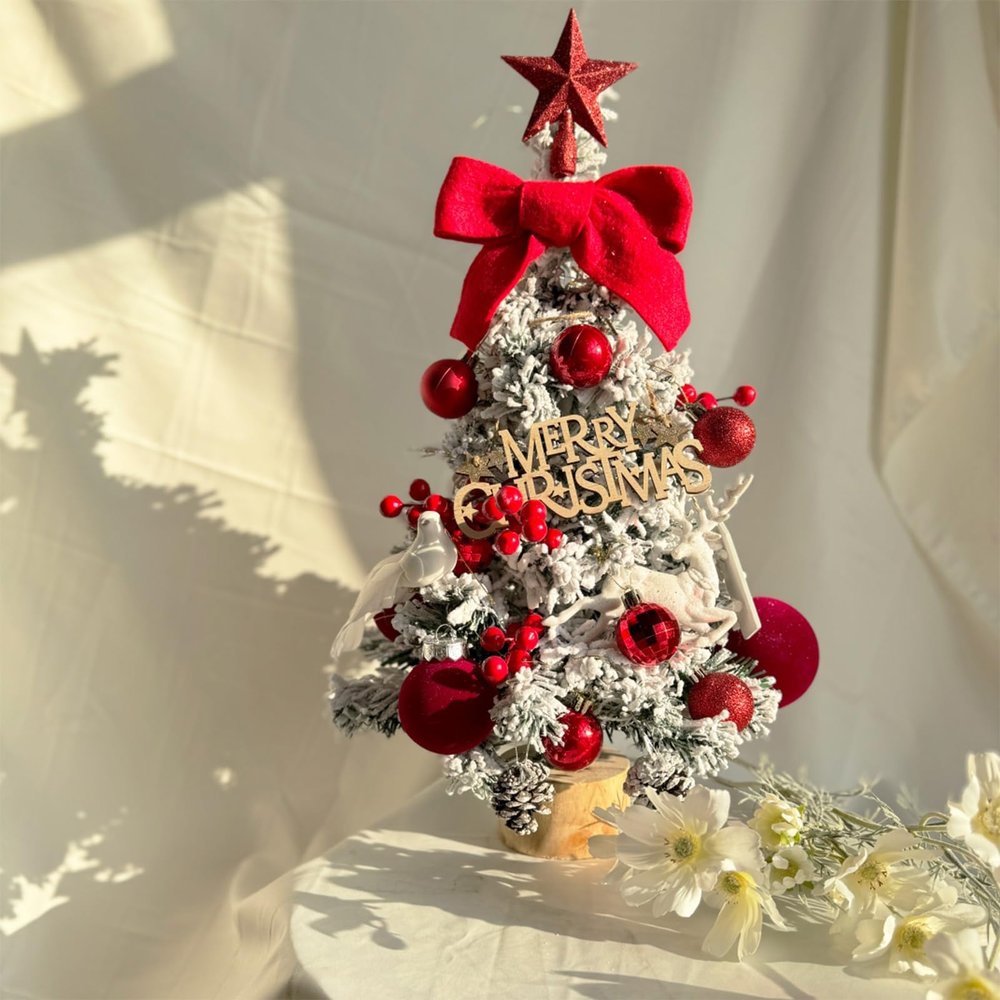 Compact Desktop Christmas Tree with Stand, Luxury-decorated Mini Christmas Tree, Realistic Pine Tree Design, Best DIY Xmas Decorations(Red,50cm/19.7in)