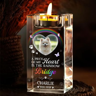 Personalized Memorial Crystal Candle Holder Custom Engraved Crystal Candle for Loss of Loved One or Pet, Sympathy Wings Candle with Photo & Name (Color 1)