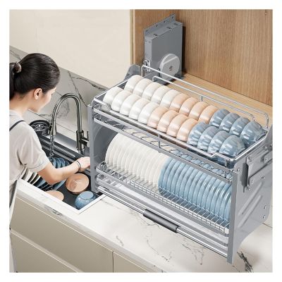 2-Tier Pull Down Shelf Organizer for Kitchen Cabinet, 304 Stainless Steel Dish Drying Rack, Space-Saving Lifting Basket for Coffee & Food Storage (86.4x24x54.5cm)