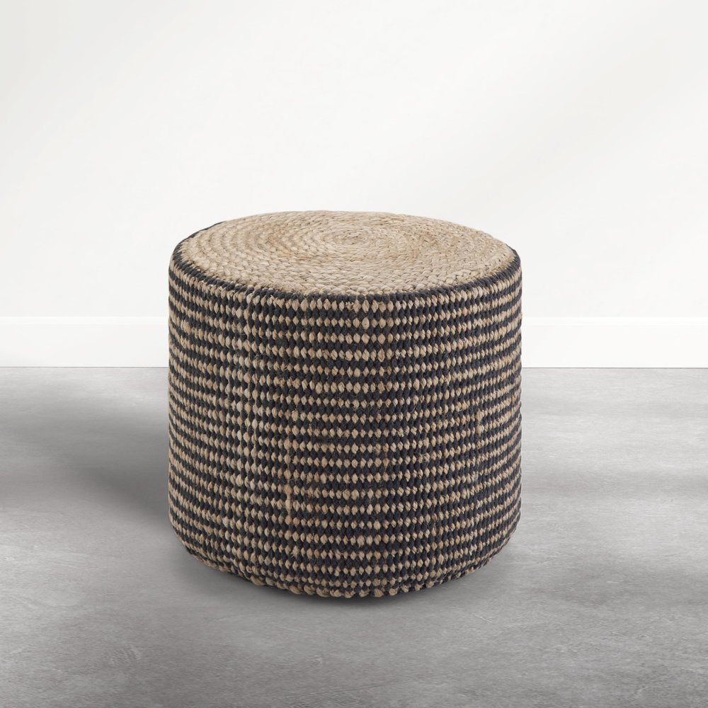 SIMPLIHOME Larissa 18" Wide Braided Jute Round Pouf in Sandy Natural/Ebony